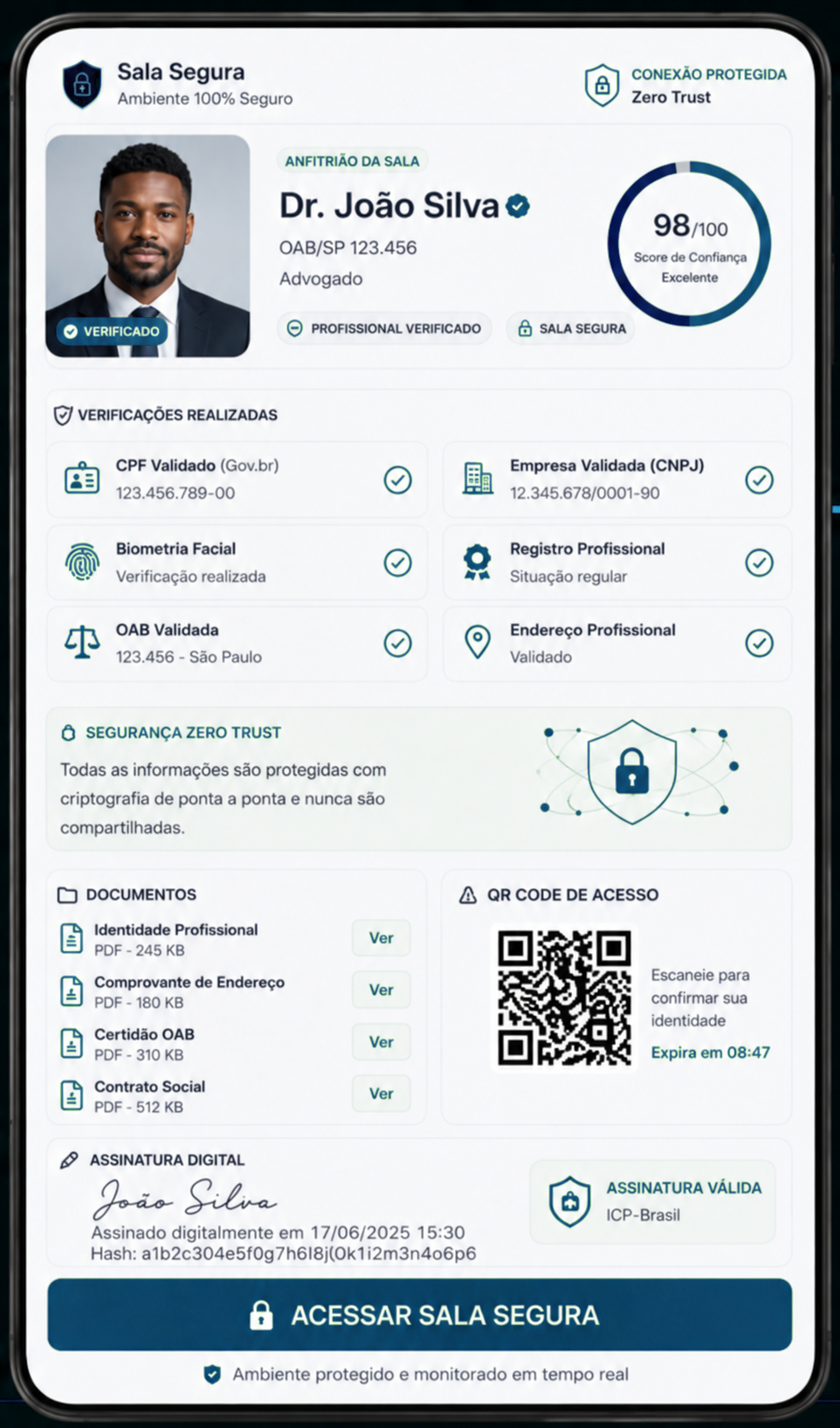 Tela de verificação de identidade do Sala Segura, mostrando score de confiança, documentos validados e QR code de acesso
